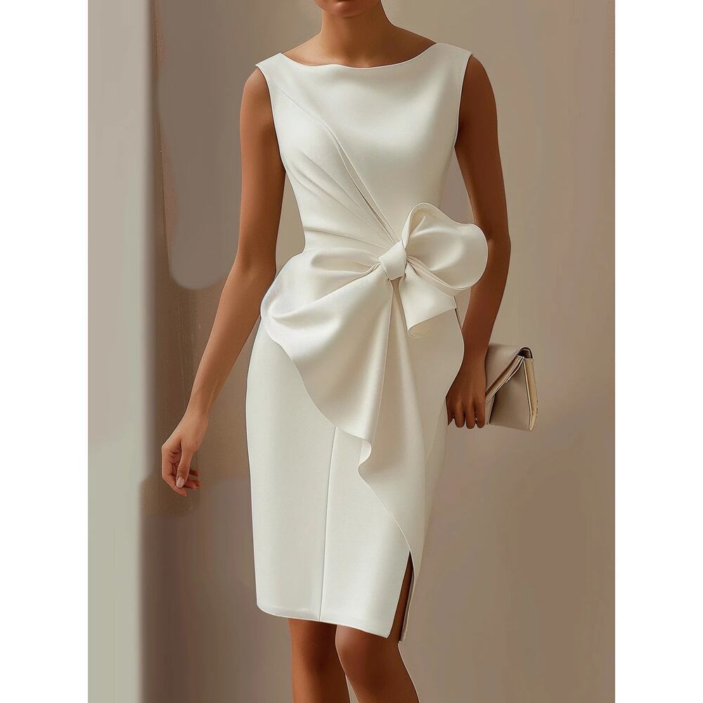 Fehaute White 3D Bow Sleeveless Sheath Midi Dress size Large Graduation Bridal
